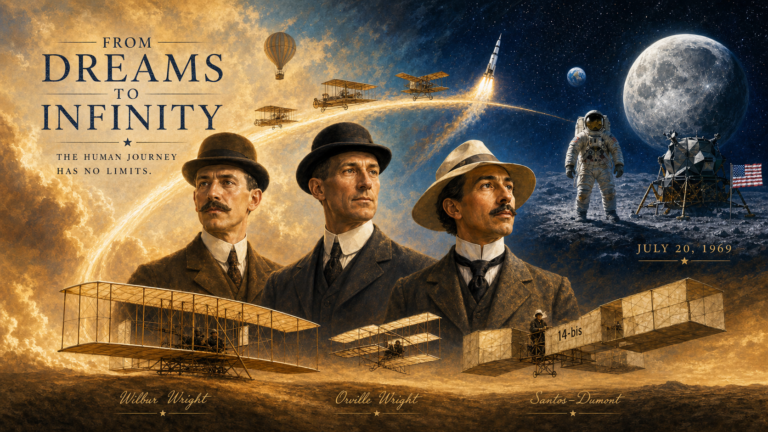 Wright brothers, Santos Dumont, and the Long Road from the First Airplane to the Moon